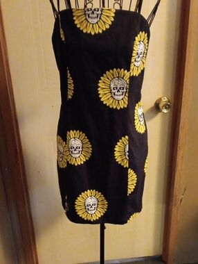 Black Mini Dress with Yellow Floral Skull Print